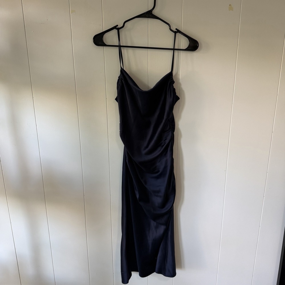 BHLDN Navy Blue Satin-Like Midi Dress Size S Ruched Side Cowl Neck Wedding Guest